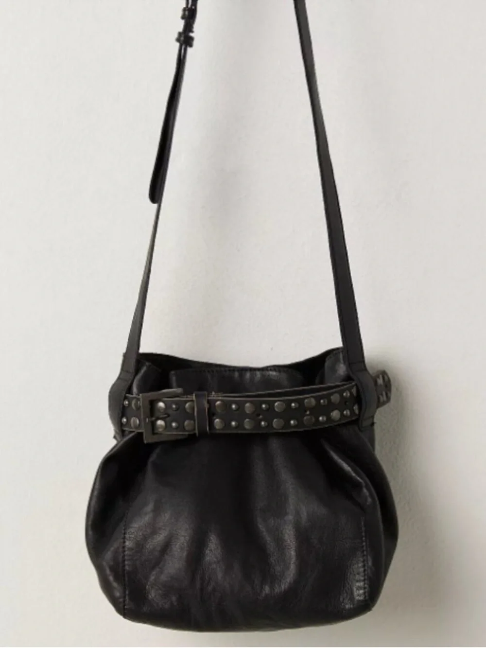 Free People Black Leather Studded Belt-Detail Bucket Shoulder Bag